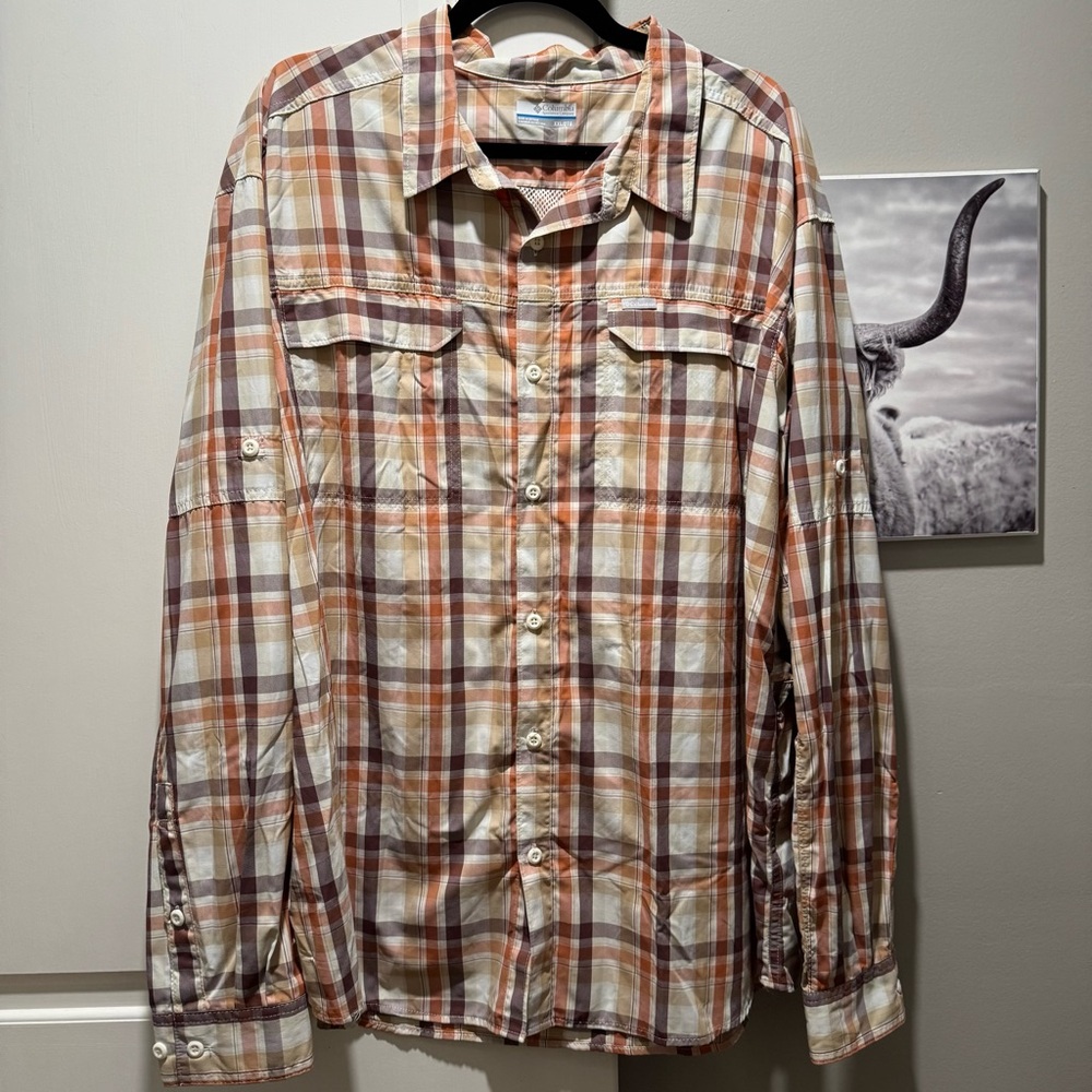 Columbia Plaid long -Sleeve Outdoor Shirt in Peach, Tan & White